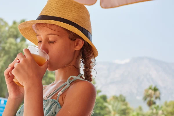 Retrato de chica beben jugo fresco, verano montaña landsc —  Fotos de Stock