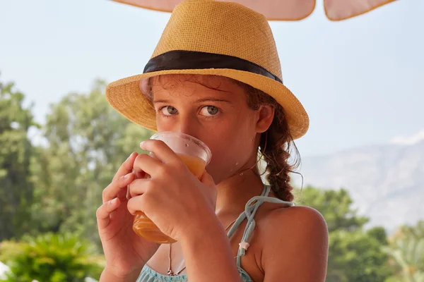 Retrato de menina são drinkig suco fresco, landsc montanha de verão Fotografia De Stock