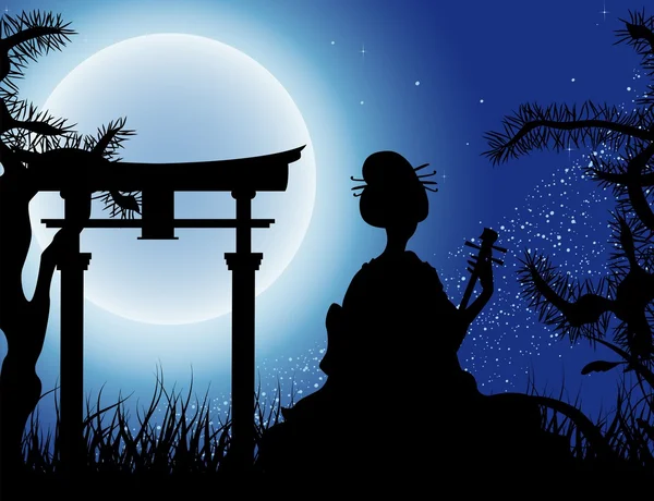Japanische Nacht, Geisha mit Shamisen-Silhouette — Stockvektor