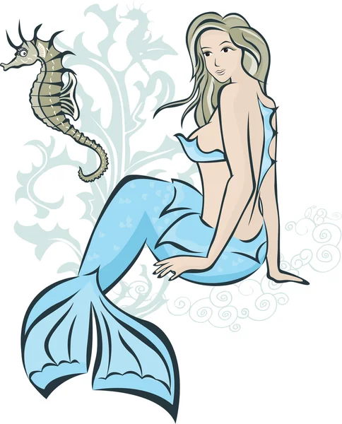 Sirena sentada y caballito de mar — Vector de stock