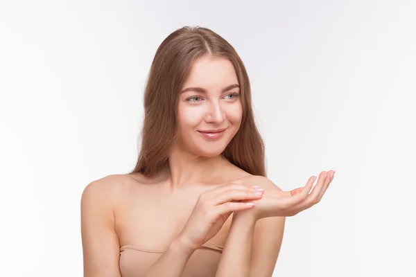 Bela senhora sem camisa sobre fundo branco — Fotografia de Stock