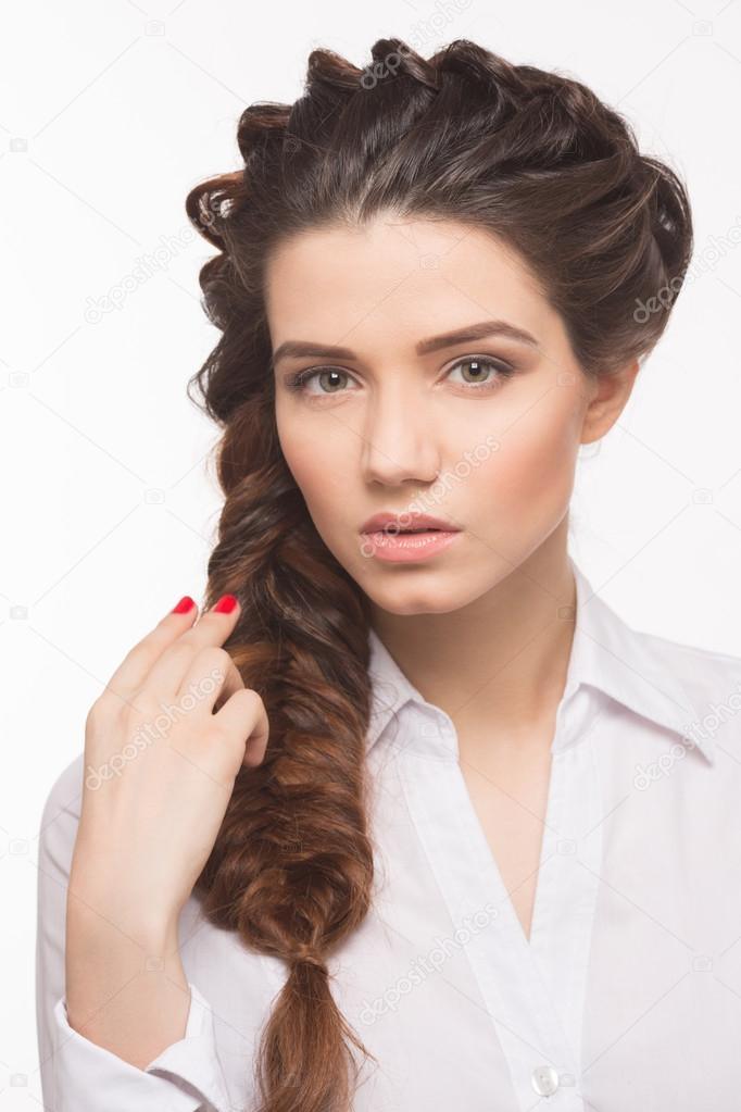 Woman With Modern Hairstyle In Studio Stock Photo