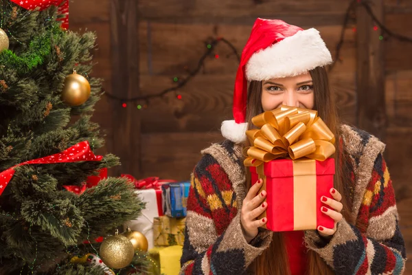 Beautiful girl holding a present near New Year tree — Stock Photo, Image