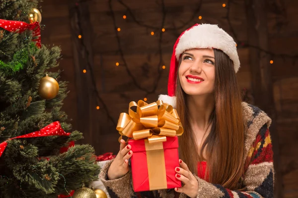 Beautiful girl holding a present near New Year tree — Stock Photo, Image