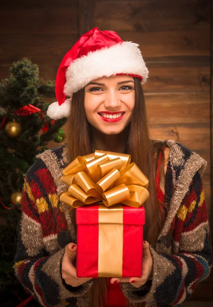 Beautiful girl holding a present near New Year tree — Stock Photo, Image