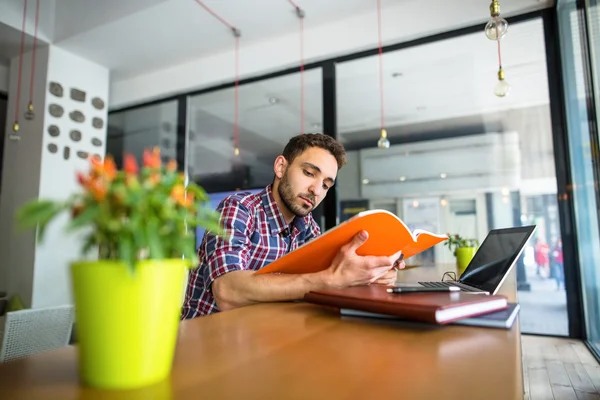 Bello studente che studia in ristorante — Foto Stock