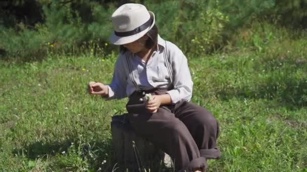 Dziewczyna w słomkowym kapeluszu siedzi na pniu drzewa i zbiera bukiet kwiatów na łące w jasny słoneczny dzień. Wysokiej jakości materiał 4k. — Wideo stockowe