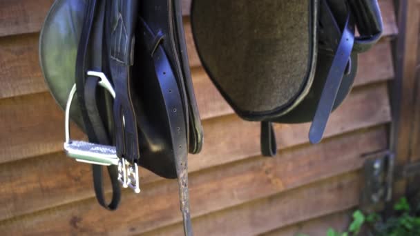 Am Eingang zu den Ställen hängt Pferdezubehör. Schwarzer Sattel und Leder streben an. Hochwertiges 4k Filmmaterial. — Stockvideo