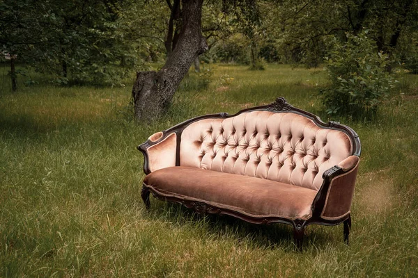 Cómodo sofá de lujo en medio de un jardín verde en un día de verano. Muebles de casa patio trasero en la naturaleza. Copiar espacio —  Fotos de Stock