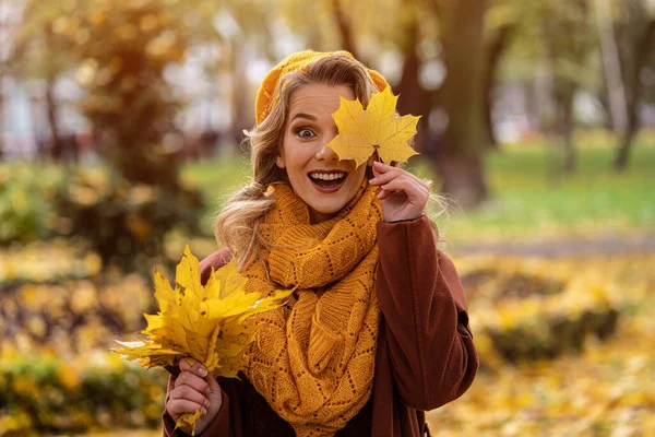 Giovane donna allegra che guarda attraverso foglia gialla caduta in berretto lavorato a maglia con foglie autunnali in mano e autunno giardino giallo o parco. Bella giovane donna sorridente in fogliame autunnale — Foto Stock