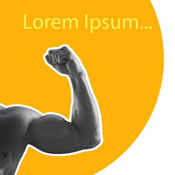 Body builder sterke arm op gele en witte achtergrond. Wees sterk gemotiveerd. Gym citaat illustratie. Standaardtekst — Stockfoto