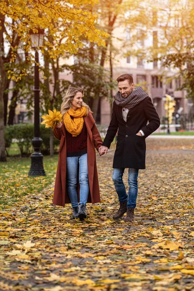 Ein verliebtes Paar Händchen haltend spaziert durch den Park des goldenen Herbstes. Außenaufnahme eines jungen verliebten Paares, das auf einem Pfad durch einen herbstlichen Park spaziert. Herbstliches Image — Stockfoto