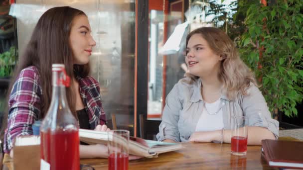 두 명의 여자 친구가 새로 만든 쥬스를 함께 마시고 있습니다. 카페에서 불이 켜져 있고, 손님들이 테이블에 앉아 이야기를 나누며 웃고 있습니다. 4K 동영상 — 비디오