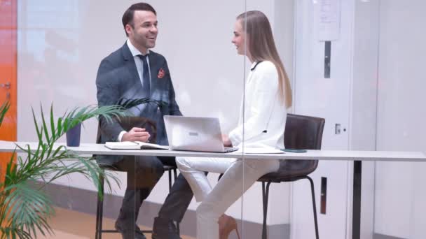 Two handsome young business people having a conversation while having talk sitting in their meeting room behind the glass during their coffee break — Stock Video