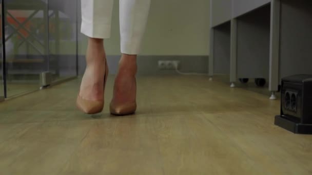 Young businesswoman walking around the office. Catwalking beautiful female feet in black shoes across the office between the rows of desks. Female feet on high heels walking in office in white suit — Stock Video