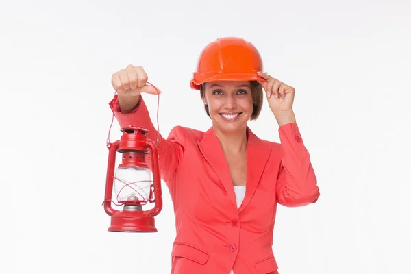 Business woman in helmet with red lamp — Stock Photo, Image