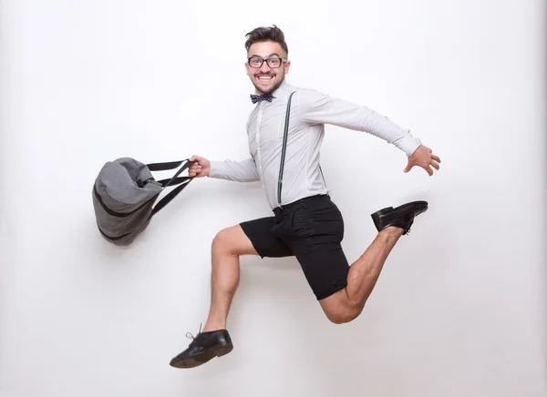 Hipster man skoki w studio fotograficzne — Zdjęcie stockowe