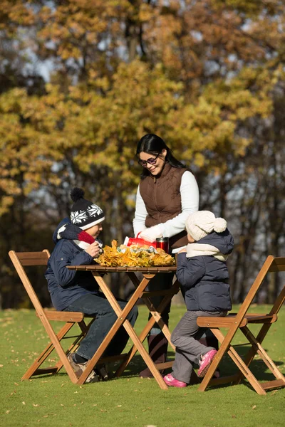 Children sitting at the wooden table on a picnic — Zdjęcie stockowe