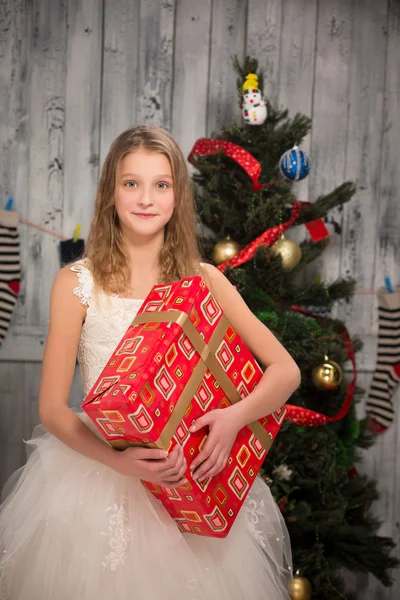 Teenage girl holding Christmas present Stock Picture