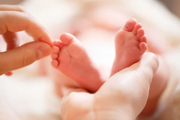 Madre sostiene en sus manos un pequeño pie de bebé — Foto de Stock