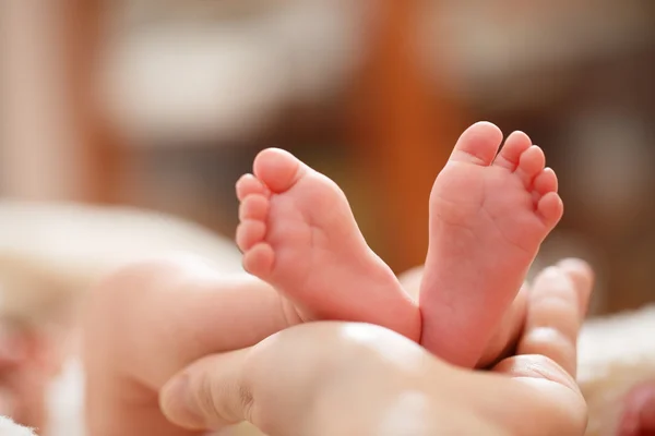 Madre sostiene en sus manos un pequeño pie de bebé — Foto de Stock