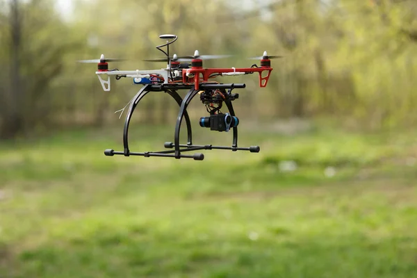 在森林中飞行的无人驾驶飞机 — 图库照片