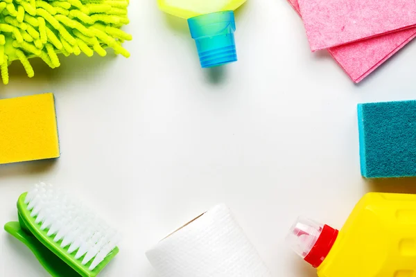 House cleaning products on white table — Stock Photo, Image