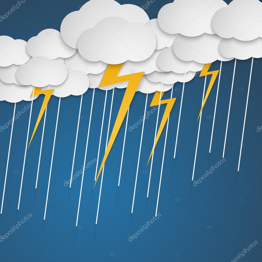 Lightning with rain in clouds. Cartoon style