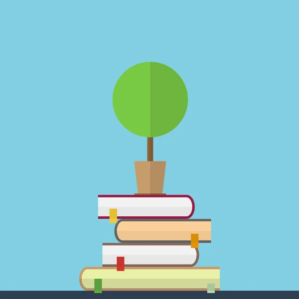Ilustración plana del concepto educativo. Libros con árbol — Vector de stock