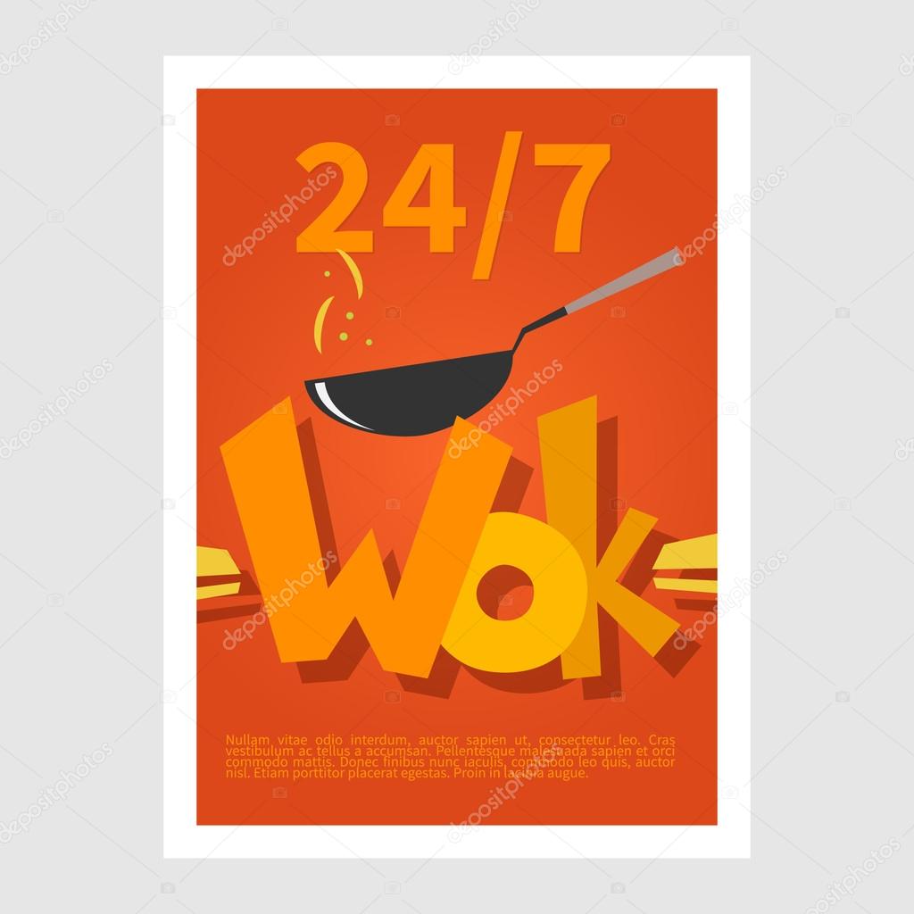 Wok poster. Template poster of  wok restaurant. Flat style illustration