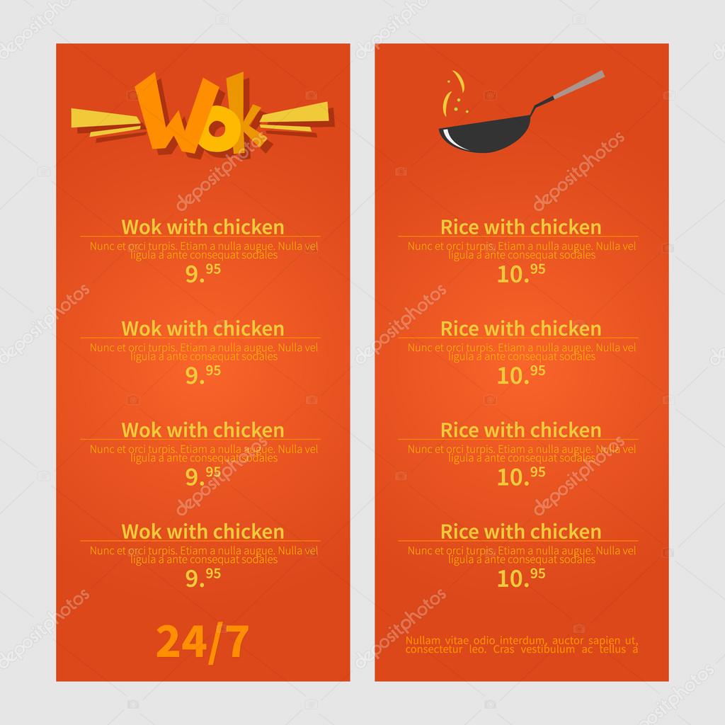 Wok menu. Template menu of  wok restaurant. Flat style illustration