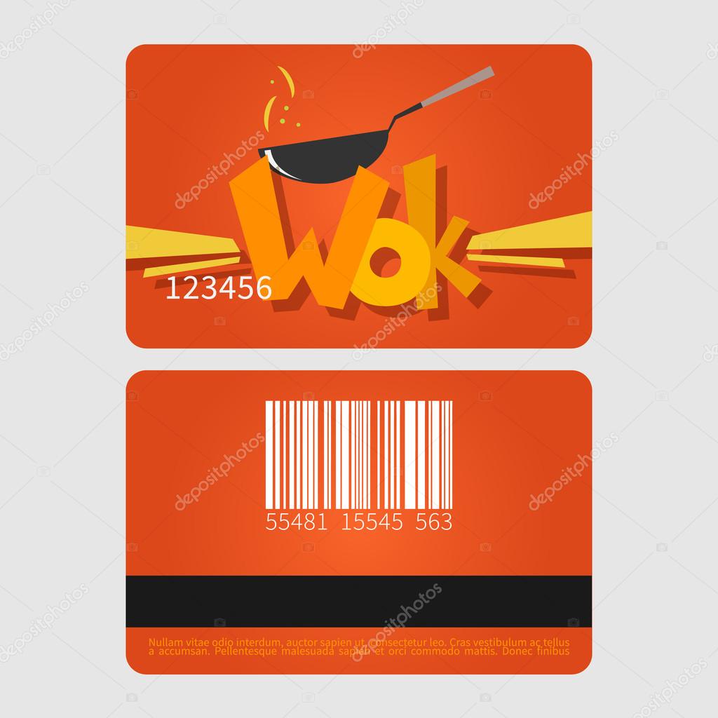 Wok restaurant. Template loyalty card design. Flat style vector illustration.