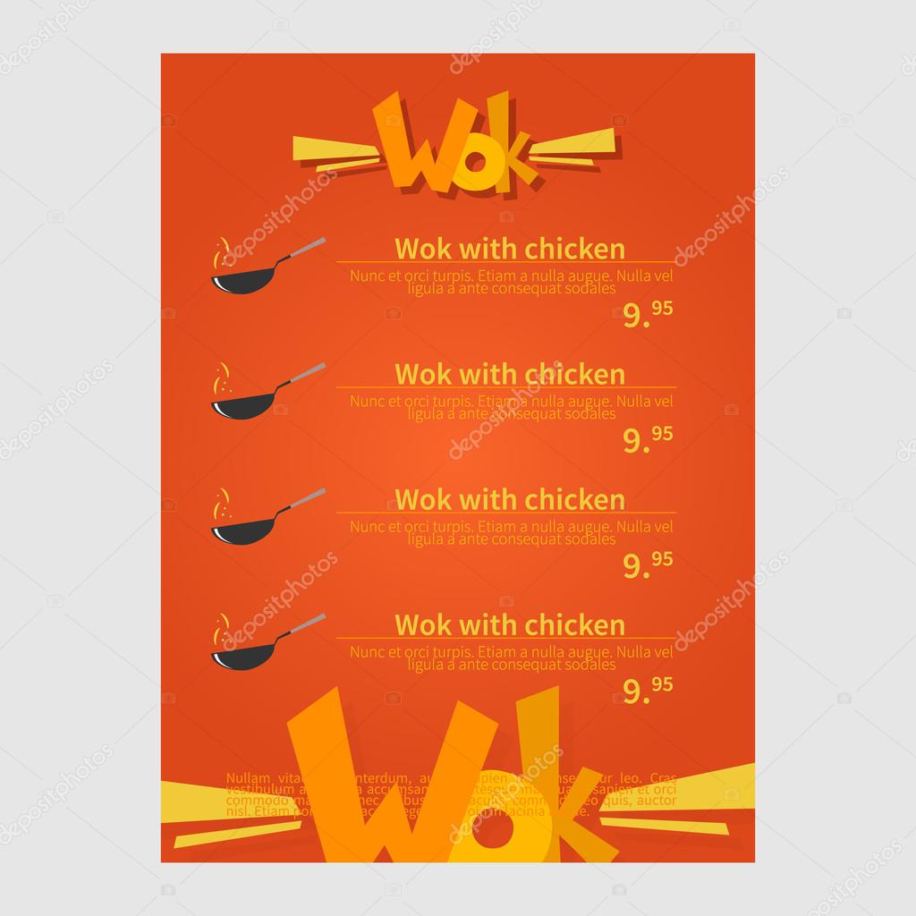 Wok cafe menu, template design. Flat style vector illustration.