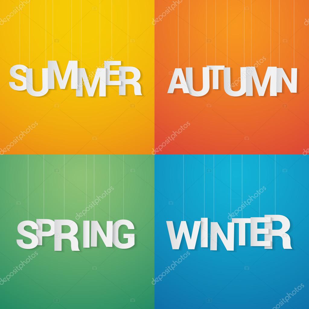 Four seasons. Spring, summer, autumn and winter. Paper letter hang on string over color background