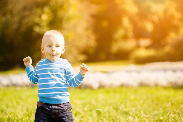 Liten pojke står i gräs — Stockfoto