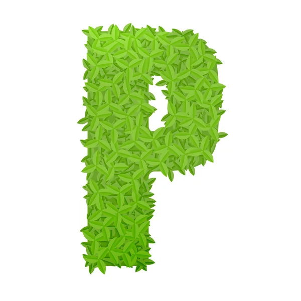 Lettera minuscola P composta da foglie verdi — Vettoriale Stock