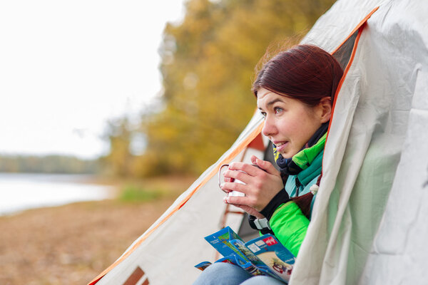 Camping happy woman