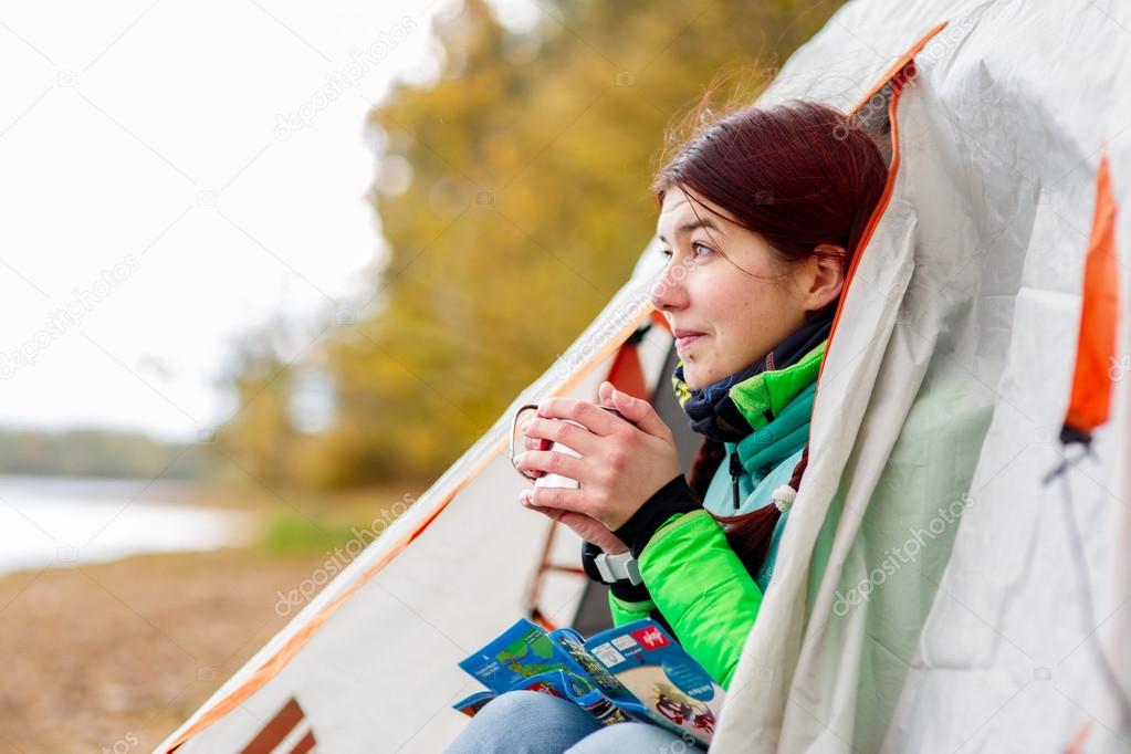 Camping happy woman