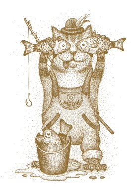 Elle çizilmiş balık ile kedi