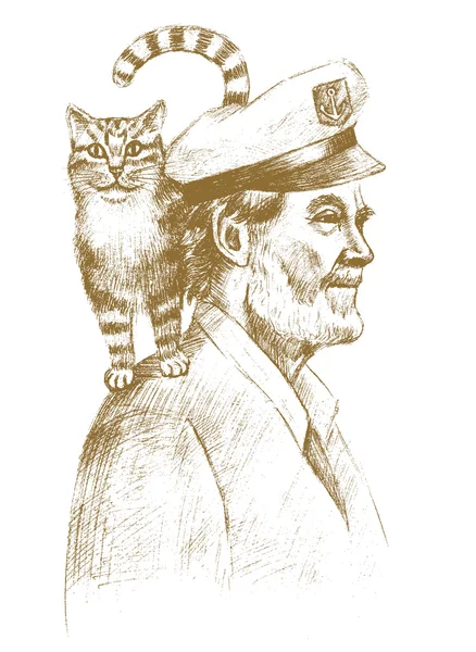 Vieux marin avec un chat — Image vectorielle