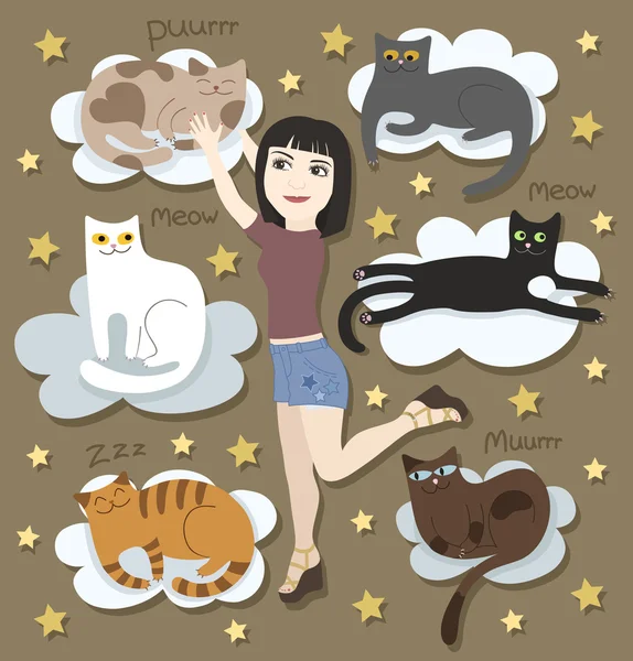 Fille avec des chats drôles sur les nuages — Image vectorielle