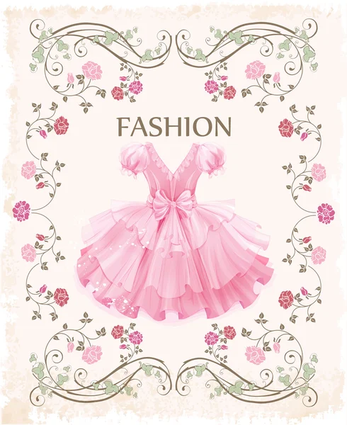 Etiqueta vintage con vestido rosa — Vector de stock