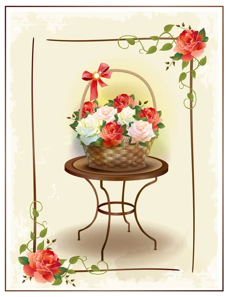 Корзина с розами. Винтажная открытка на день рождения. Поздравления с праздником — стоковый вектор