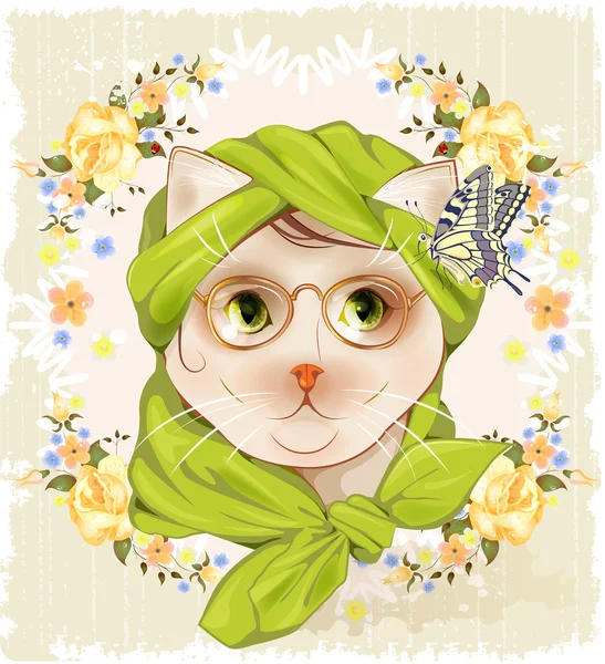 Portrait of the hipster cat with glasses, roses and butterfly. V — Stock Vector