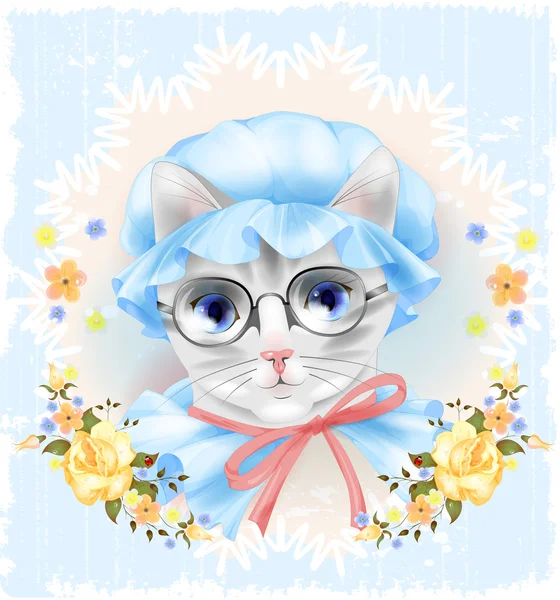 Vintage portrait of the cat with glasses and roses. Victorian st — Stock Vector