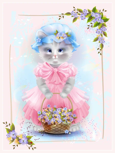 Portrait of the vintage cat  with basket full of violets. Birthd — Stock Vector