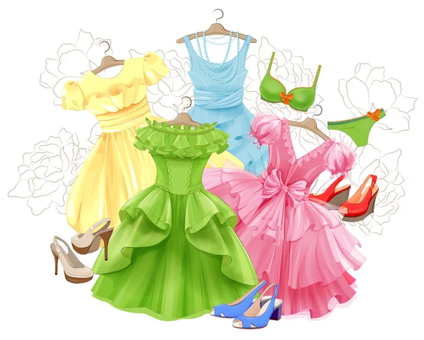 Set of bright dresses, bikini and shoes — Stock Vector