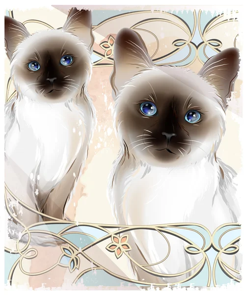 Retrato do casal gatos tailandeses. Gatos siameses tradicionais. Dois. — Vetor de Stock