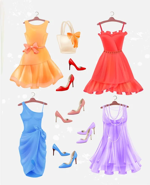 Conjunto de vestidos, bolsos y zapatos de tacón alto. Vestidos y zapatos f — Archivo Imágenes Vectoriales