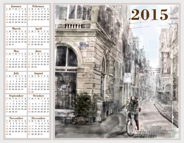 Calendar 2015 with illustration of city street.  Watercolor styl — Stock Vector
